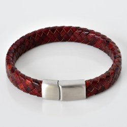 Flettet l�derarmb�nd 12x5 mm - r�dbrun