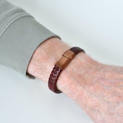 Flettet l�derarmb�nd 12x5 mm - r�dbrun