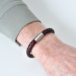 Flettet l�derarmb�nd �8 mm - m�rkebrun