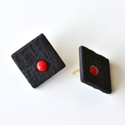 Shou Sugi Ban Small Square Stud - Red Coral