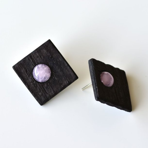 Shou Sugi Ban Small Square Stud - Rose Quartz