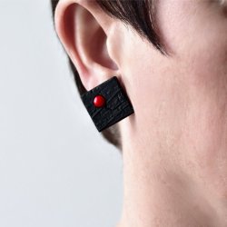 Shou Sugi Ban Small Square Stud - Red Coral