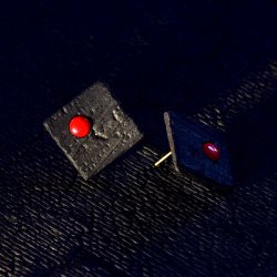 Shou Sugi Ban Small Square Stud - Red Coral